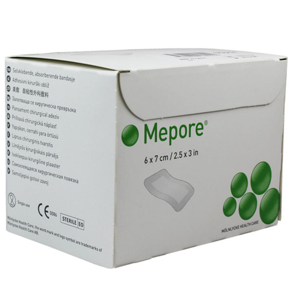 A white box, labeled Single Mepore Adhesive Dressings by Molnlycke, measures 6x7 cm (2.5x3 in). It has green circular designs and a bandage illustration with multilingual text emphasizing its function as a sterile adhesive dressing for wounds.