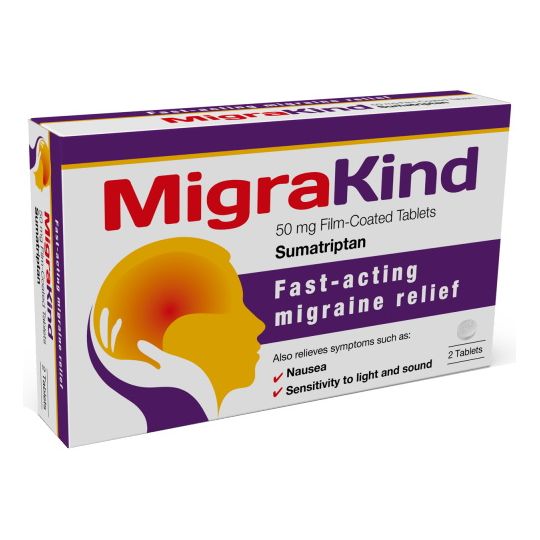 The Migrakind 50mg Film-Coated Tablets packaging showcases a silhouette with a highlighted head, stating Fast-acting migraine relief and Relieves symptoms like nausea, light, and sound sensitivity. It contains 2 tablets for quick relief.