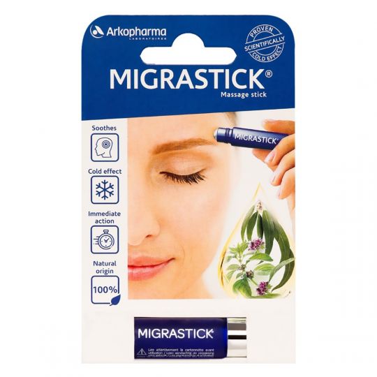 Packaging for Arkopharmas Migrastick Roll-On (10ml), a migraine relief stick. The image shows a person using the roll-on on their forehead, highlighting features like its soothing cold effect, immediate action, natural origin, and 100% natural ingredients. Blue and white design.