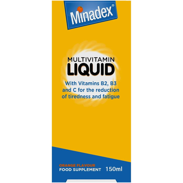 Image of a vibrant orange and blue Minadex Multivitamin Liquid (150ml) box, enriched with vitamins B2, B3, and C to help reduce tiredness. This orange-flavored supplement is perfect for daily wellness support.
