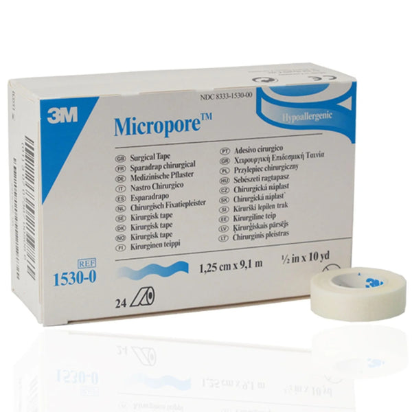 The Micropore Adhesive Tape box, featuring a single roll, shows it is 1.25 cm x 9.1 m and latex-free with surgical tape translations; packaged as a 24-pack by Micropore.