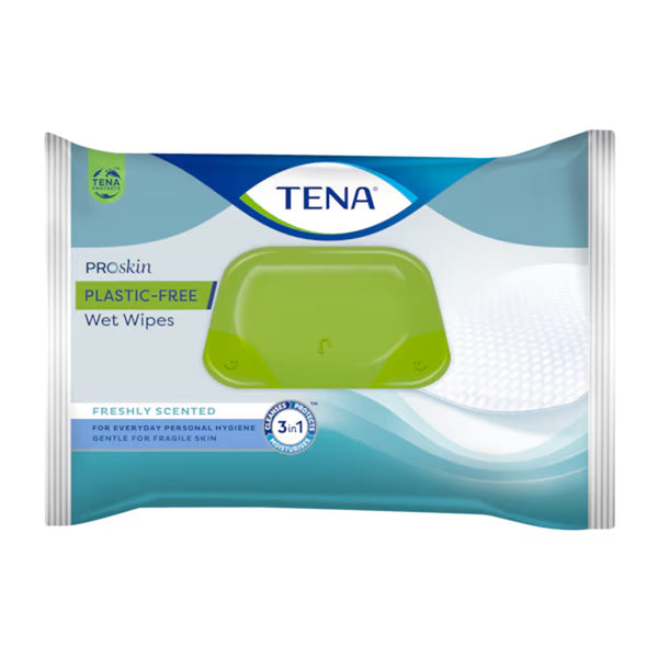 A 48-pack of Tena Plastic-Free Wet Wipes, featuring a green flip-top lid and a freshly scented formula, is perfect for everyday personal hygiene—making them an ideal plastic-free choice for gentle adult incontinence care.