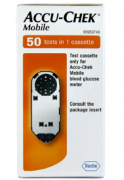 The Accu-Chek Mobile Test Cassette (50 Test) by Accu-Chek comes in a white and orange box with a circular image of the test cassette. It includes usage instructions, and features the Roche logo at the bottom right, optimized for improved handling.