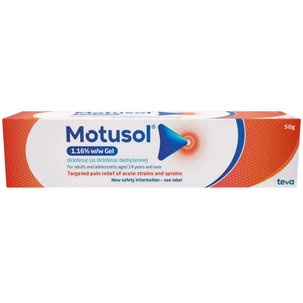 A 50g box of Motusol 1.16% Diclofenac Gel, an NSAID for targeted pain relief of acute strains and sprains. The box is mainly white and orange with blue text and graphics. Brand: Motusol.