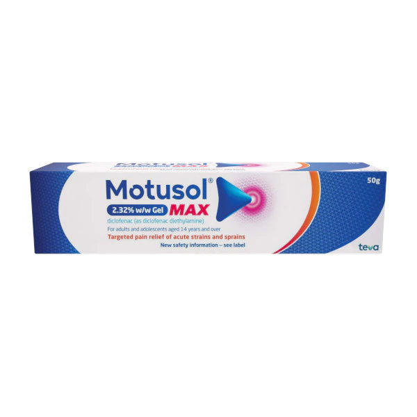 A 50g box of Motusol Max 2.32% Diclofenac Gel by Motusol features blue and pink text, highlights targeted joint pain relief for strains and sprains, and provides dosage details on the packaging.