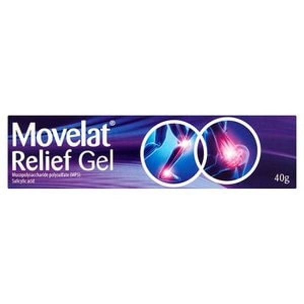 The image shows a 40g Movelat Relief Gel tube box, known for targeted pain relief. The purple packaging with white text features highlighted joints and muscles, implying muscle pain alleviation. It contains mucopolysaccharide polysulfate (MPS) and salicylic acid as key ingredients.