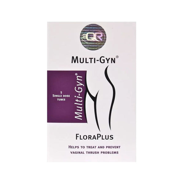 The Multi-Gyn Floraplus Vaginal Thrush packaging features an abstract female silhouette, emphasizing its focus on women’s health. A purple section notes 5 single dose tubes, highlighting its effectiveness in treating and preventing vaginal thrush for optimal intimate wellness.