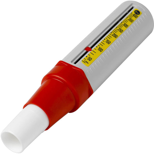 The Mini Wright Peak Flow Low Range features a red mouthpiece, white body, and yellow scale with black numbers from 60 to 800. Its perfect for monitoring peak expiratory flow rate in asthma or respiratory conditions. The pointer is preset at 150.