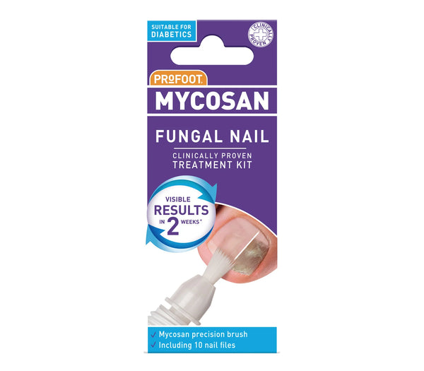 Front of ProFoot Mycosan Fungal Nail Treatment Kit (5ml) box shows a brush applying treatment to a toenail, text “Visible results in 2 weeks,” and states it’s suitable for diabetics and helps treat nail infections.