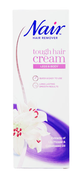 Nair Tough Hair Removal Cream for Legs and Body (200ml) in white packaging with purple and pink accents, features a lily flower. Designed for sensitive skin, it offers easy use and long-lasting results, ideal for tough hair.