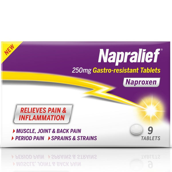 Box of Napralief 250mg Naproxen Gastro-resistant Tablets (9 Tablets) for relief from muscle and joint pain, inflammation, back and period pain, as well as sprains and strains.