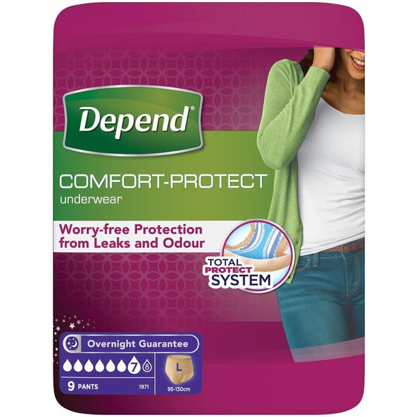 Depend Comfort Protect Underwear For Women - Level 7 L (Pack of 9) offers discreet leak and odour protection with the Total Protect System. The packaging shows a woman in a green cardigan and white shirt.