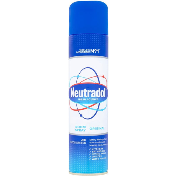 Neutradol Room Spray Original Air Deodorizer (300ml) by Neutradol features a blue cap, white label with colorful atom graphics, and eliminates odors in kitchens, bathrooms, living areas, offices, and workplaces.