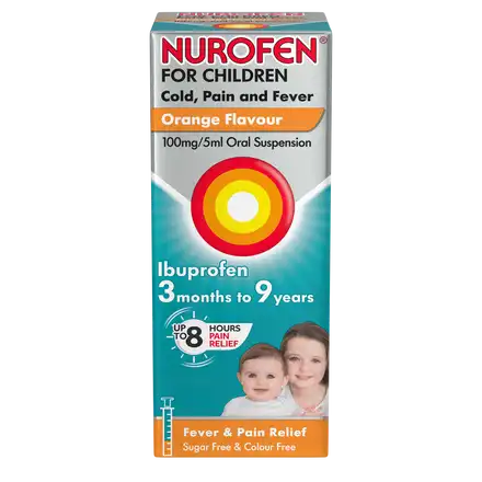 Nurofen For Children Cold Fever And Pain (100ml Orange) offers teething pain relief with ibuprofen in a 100mg/5ml suspension, suitable for ages 3 months to 9 years, and provides up to 8 hours of comfort. The packaging features a target design with a smiling child and adult photo.