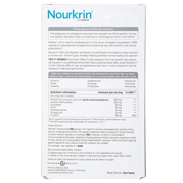 Back of a Nourkrin Woman (60 Tablet) box with black text on a white background shows product info, marine proteins among ingredients, directions for use, nutrition facts, and Nourkrin company details.