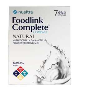Image of the Nualtra Foodlink Complete Compact box, a nutritionally balanced powdered drink mix for dietary management of disease-related malnutrition. It contains 7 servings (57g each) in a natural flavor and features a splash of liquid design.