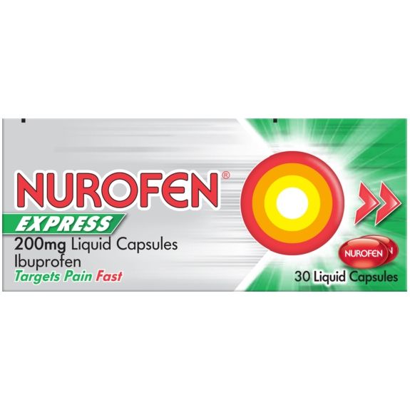 Nurofen Express-200mg Liquid Capsules (30S) highlight their fast pain relief with 200mg ibuprofen, a target graphic, and the promise Targets Pain Fast. Designed by Nurofen for quick headache relief, the packaging clearly indicates it contains 30 liquid capsules.