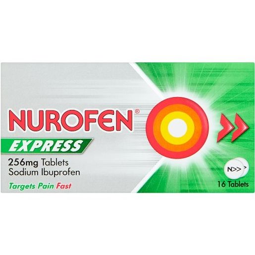 Nurofen Express 256mg, with a distinctive green and white design and red/yellow target graphics, provides fast relief from mild to moderate pain like headaches. The box contains 16 tablets, featuring the slogan Targets Pain Fast.