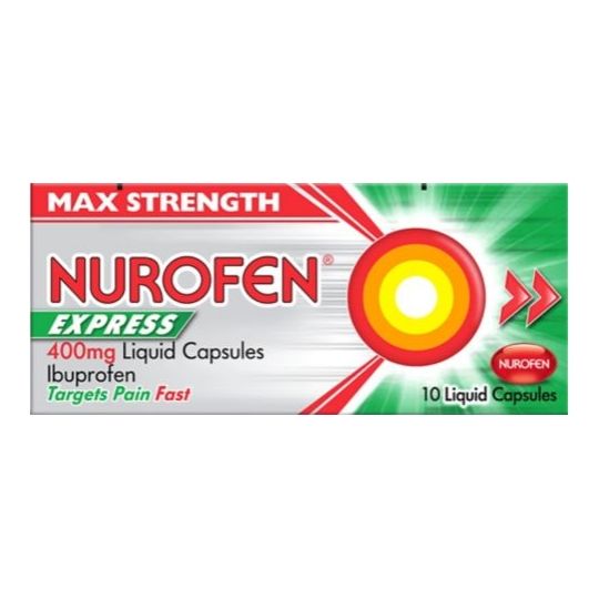 Nurofen Express 400mg Liquid Capsules – 10s come in a white box with red and green accents, featuring a target design. These ibuprofen capsules offer rapid pain relief.