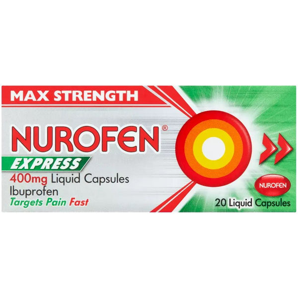 The Nurofen Express- Max Strength 400mg Liquid Capsules (20s) packaging highlights capsules for rapid headache relief, featuring a sleek design with red and orange target graphics to emphasize swift action. Each pack offers 20 potent capsules for effective pain management.