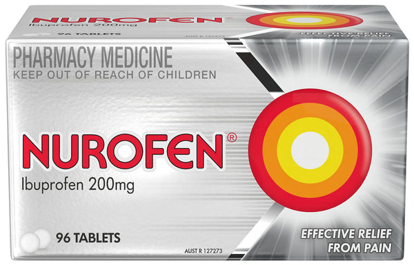 A box of Nurofen 200mg Tablets, featuring the brands red, yellow, and orange target logo. The packaging contains 96 tablets and highlights their anti-inflammatory and effective pain relief properties.