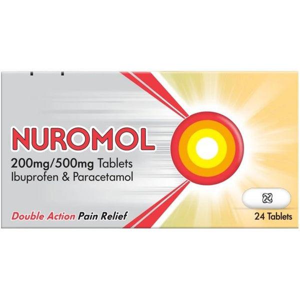 The Nuromol Pain Relief tablets from Nurofen, containing 200mg Ibuprofen and 500mg Paracetamol for dual action pain relief and migraine treatment, come in a 24-tablet pack with a bright sunburst design.