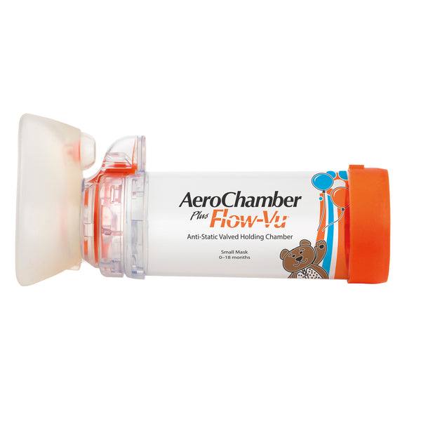 Image of the AeroChamber Flow Vu Infant Orange Mask, a valved holding chamber by AeroChamber for Metered Dose Inhalers. Designed for infants 6-18 months, it features an anti-static chamber with a teddy bear mask and an orange cap.