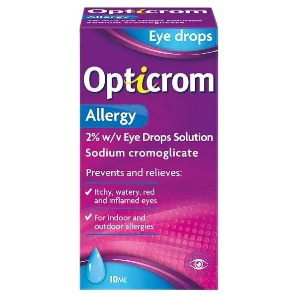 Opticrom Allergy Eye Drops, 10ml sodium cromoglicate, relieve itchy and allergic eyes from hayfever or other allergies. The purple and blue Opticrom packaging is eye-catching on the shelf.