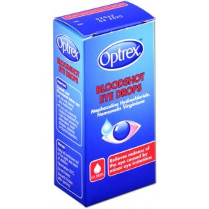 Optrex Bloodshot Eye Drops (10ml) by Optrex come in a blue box featuring a red label and eye icon. It contains Naphazoline Hydrochloride and Hamamelis Virginiana, expertly formulated to soothe minor irritation and provide redness relief for bloodshot eyes.