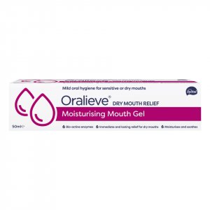 Image of Oralieve Moisturising Mouth Gel (50ml) in a white and pink box, featuring bio-active enzymes for dry mouth relief. The packaging highlights gentle oral care ideal for sensitive mouths, while the gel provides effective moisturizing and soothing.