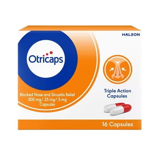 Otricaps Blocked Nose and Sinusitis Relief by Haleon, 16 capsules (300 mg/25 mg/5 mg), comes in orange and white packaging with a nasal illustration and two red-and-white capsules on the box.