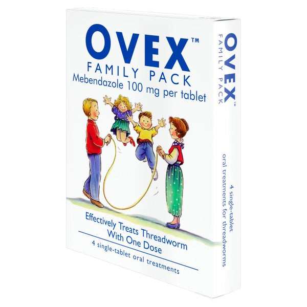 The Ovex Tablets - Family Pack (4 Tablets) features a cartoon of kids and an adult skipping rope, offering 4 single-tablet treatments with 100 mg each for effective threadworm treatment.
