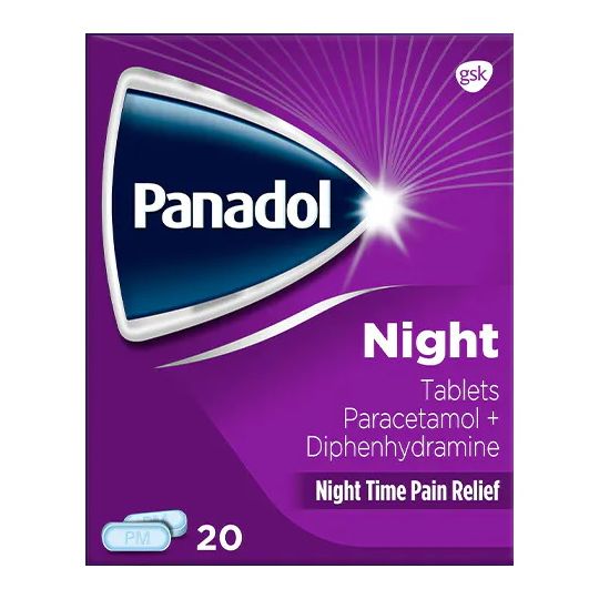 Panadol Night Tablets (20s) by Panadol come in a purple box with white text and the GSK logo. These tablets, containing paracetamol and diphenhydramine, are designed for nighttime pain relief and improving sleep quality. The packaging features 20 tablets and a PM symbol at the bottom left.