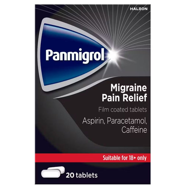 Haleon Panmigrol Migraine and Headache Relief (20 Tablets) offers fast relief with aspirin, paracetamol, and caffeine. Pack is black and blue, labeled “Suitable for 18+ only.”.