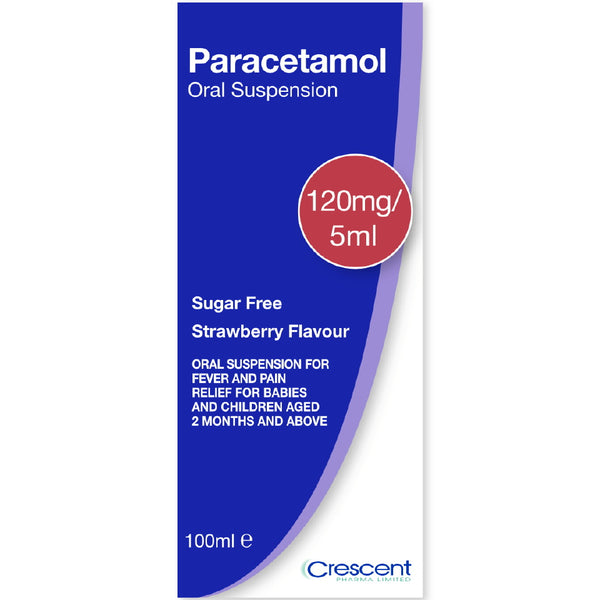 200ml bottle of Paracetamol 120mg/5ml Suspension, sugar free, strawberry flavour, for babies and children aged 2 months+. Brand may vary.