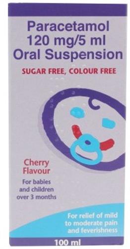 Paracetamol 120mg/5ml Suspension Sugar free Colour Free, Cherry flavour (100ml, Brand May Vary): Suitable for babies and children over 3 months for relief of mild to moderate pain and fever.