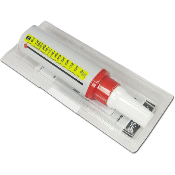 The Mini Wright Peak Flow Standard Range by Mini Wright comes in clear packaging with a white tube, red marker, and yellow gauge. This portable device effectively measures peak expiratory flow to monitor respiratory conditions.