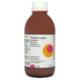 An image features a brown Peptac bottle with a white label, pink circle, and orange crescent. It reads Peptac Aniseed Liquid, highlighting its role as an antacid for heartburn and indigestion relief. The 500ml bottle is topped with a white cap.