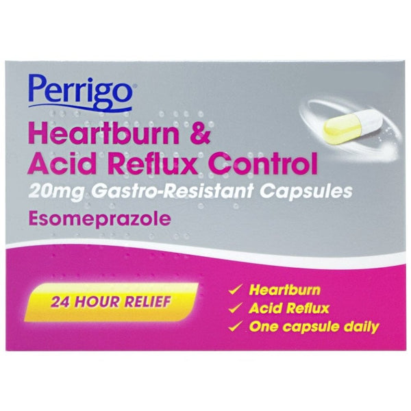 Image showing a box of Perrigo Esomeprazole 20mg (7 tablets) with gastro-resistant capsules for heartburn and acid reflux. Offers 24 Hour Relief by taking One capsule daily.