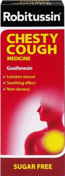 Robitussin Chesty Cough Non-Drowsy Medicine (100ml) with Guaifenesin relaxes mucus and has a soothing effect. This sugar-free remedy shows a silhouette of a person with an emphasized chest.