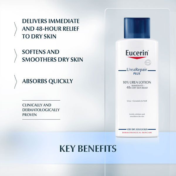 Image of an Eucerin Urearepairplus 10% Lotion (250ml) bottle for very dry skin. Highlights: immediate and 48-hour relief, softens, smooths skin, absorbs quickly. Clinically and dermatologically proven. Blue and white design emphasizes the advanced formula with urea by Eucerin.