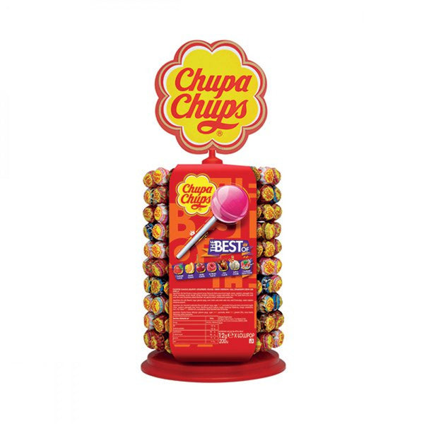 The Chupa Chups Lolly Wheel (180) features a retro stand with a red base, displaying assorted flavors in circular rows. A bright sign with the iconic logo sits atop, while the back showcases product details and vibrant images.