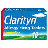 A blue box of Clarityn Allergy Tablets - Loratadine 10mg (10 Tablets) from Clarityn, featuring clouds and green grass on the packaging and stating “1 a day” for non-drowsy allergy relief.