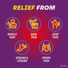 Infographic for Napralief 250mg Naproxen Gastro-resistant Tablets showing five neon icons representing relief from muscle and joint pain, back pain, sprains, strains, and period pain.