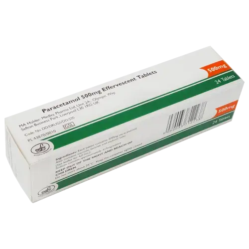 A tube labeled "Paracetamol 500mg Effervescent Tablets" (Brand May Vary), containing 24 tablets for effective pain relief, features dosage details, a barcode, and brand logos on its packaging.