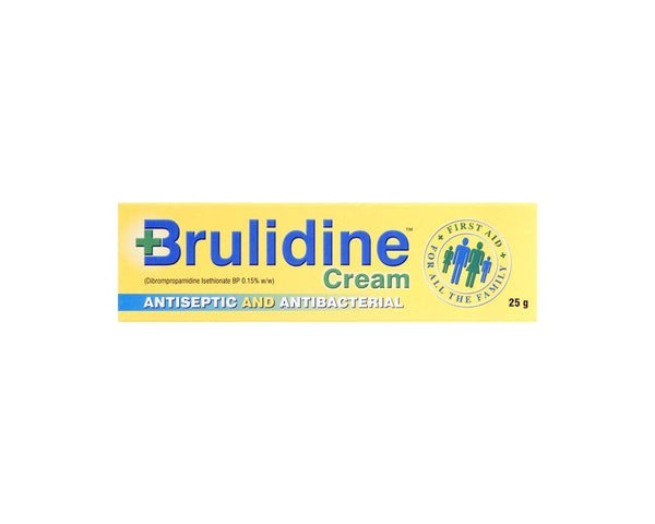 The image shows the Brulidine Antiseptic and Antibacterial Cream (25g), featuring its antiseptic and antibacterial properties suitable for family first aid. The cream, containing Dibrompropamidine Isetionate 0.15% w/w, is in a yellow container with a blue and green label.