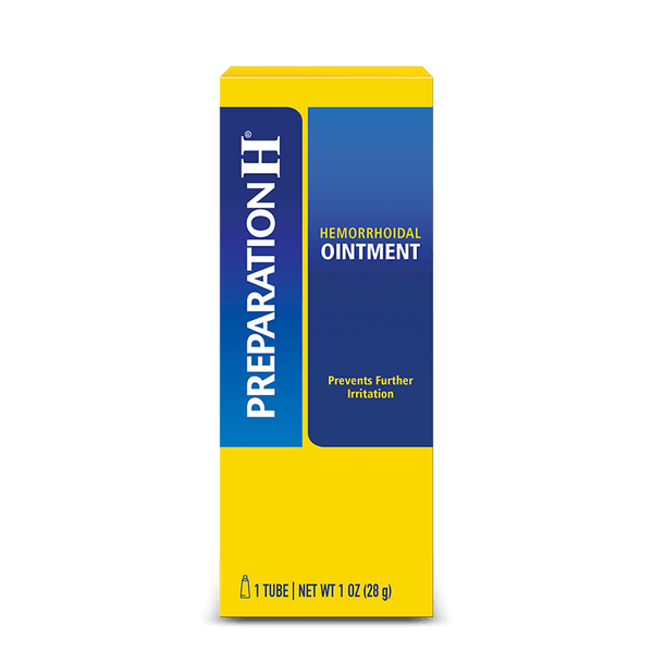 Image of a Preparation H package with a blue and yellow design. The label reads Hemorrhoidal Ointment and promises fast absorption to Prevent Further Irritation. It contains a single tube, weighing 25g (0.88 oz), aimed at effectively reducing painful swelling.