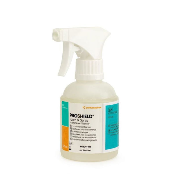 The 235ml Proshield Foam Spray by Smith and Nephew features a white trigger nozzle, with labels in white, teal, and orange highlighting product details and branding for this innovative skincare solution designed for effective skin protection.