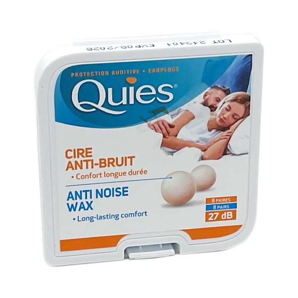 The Quies Natural Wax Ear Plugs (8 Pairs) provide a personalized fit with a serene sleeping couple on the packaging, highlighting long-lasting comfort. They offer a noise reduction rating of 27 dB, with text in French and English.