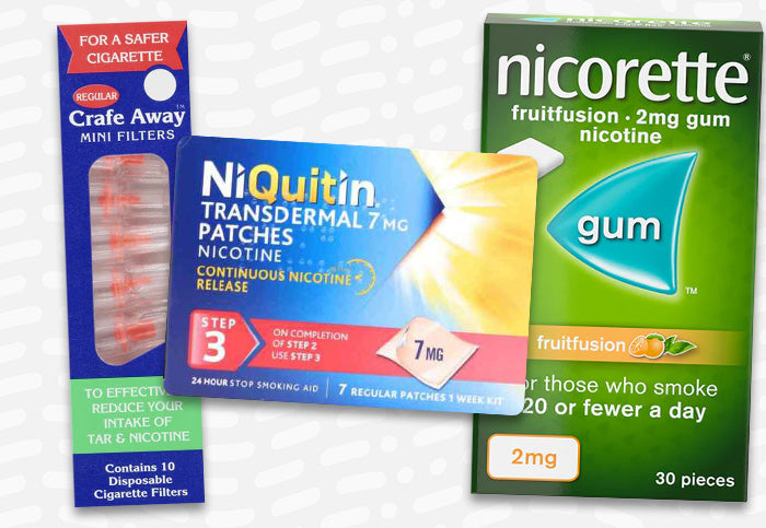 Image showing various smoking cessation products: Crave Away mini filters, NiQuitin transdermal nicotine patches (7 mg), and Nicorette fruitfusion nicotine gum (2 mg, 30 pieces). Products are designed to help reduce nicotine intake.